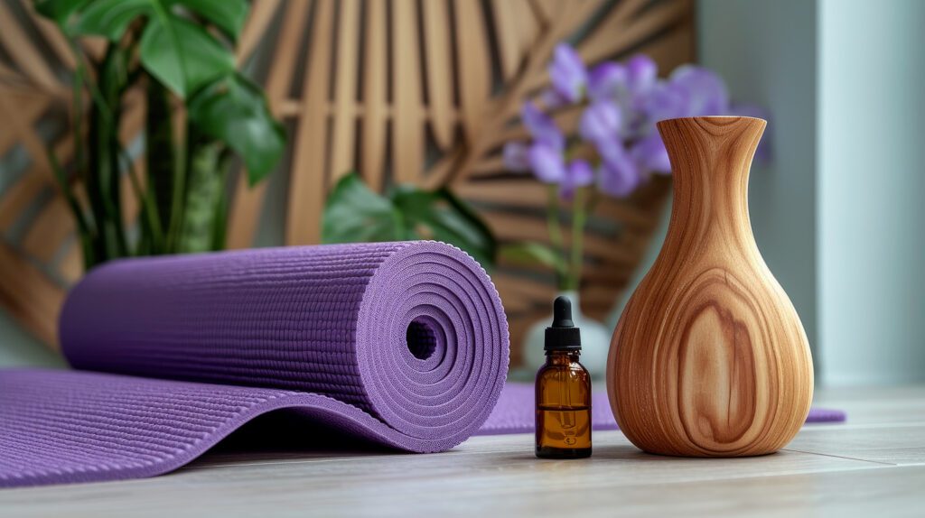 Photo d'un tapis de yoga, d'une fiole et d'un diffuseur d'huiles essentielles