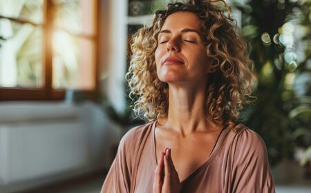 Photo d'une femme qui a les yeux fermés et qui est en pleine méditation près d'une fenêtre.