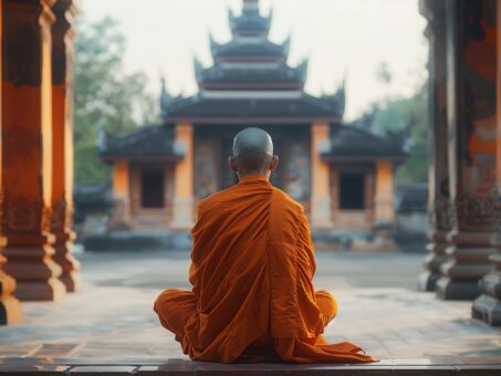 Photo d'un moine bouddhiste en pleine méditation face à un temple.