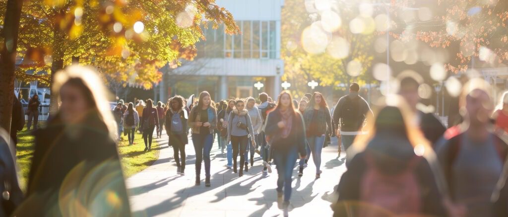 Photo de personnes marchant sous les arbres d'automne lors de la rentrée des classes.