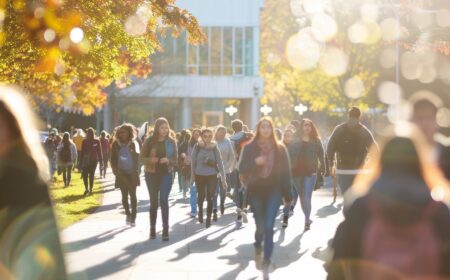 Photo de personnes marchant sous les arbres d'automne lors de la rentrée des classes.