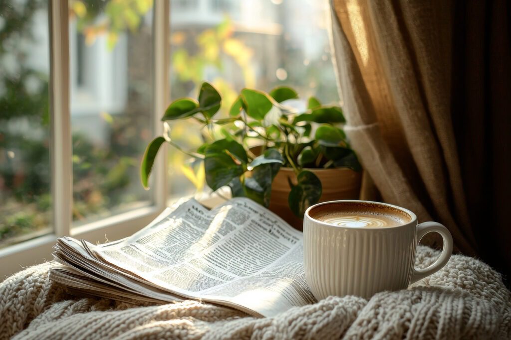 Une photo représentant une tasse et un journal près d'une fenêtre sur un pouf
