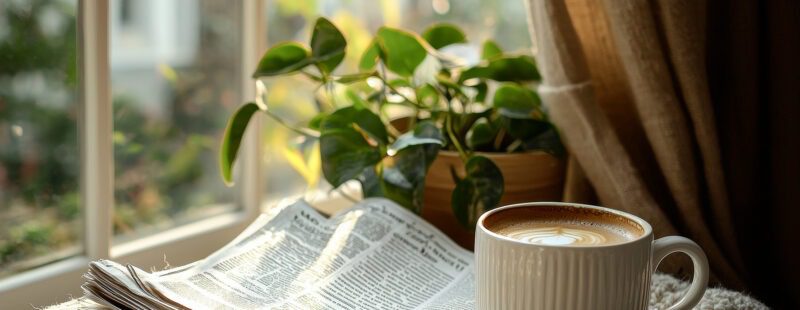 Une photo représentant une tasse et un journal près d'une fenêtre sur un pouf