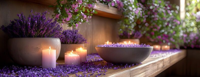 AdobeStock_1304134845 Photo d'un plan de travail en bois où est disposé de la lavande et des bougies allumées