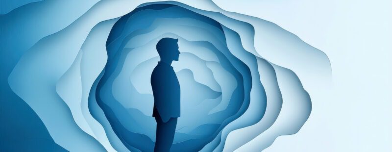 Photo d'un personnage bleu foncé sur fond bleu clair.