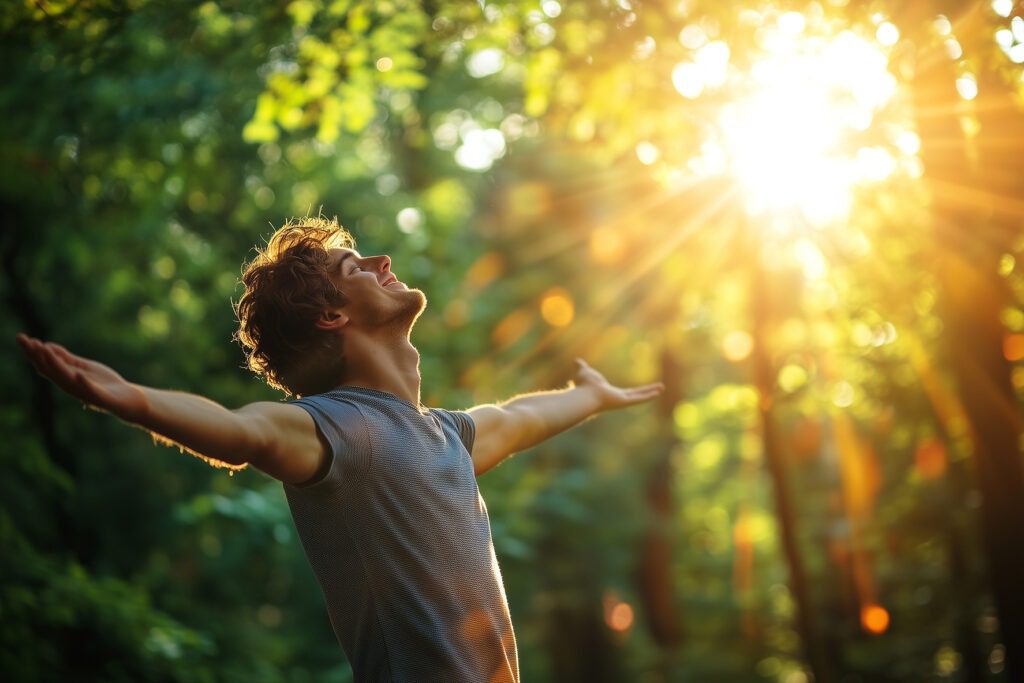 Photo d'un homme les bras ouverts en pleine nature